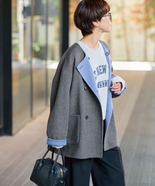 セール】《新色》リバーシブルノーカラーショートコート（ノーカラー