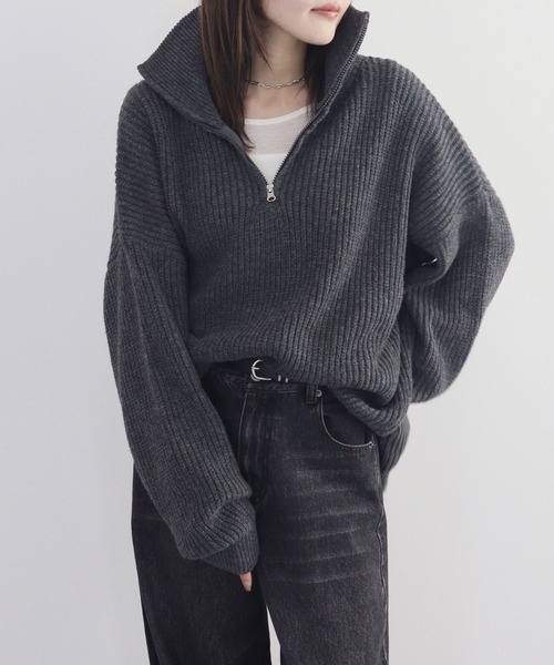 ZOZO限定】2WAYハーフジップオーバーニット 長袖 ハイネック