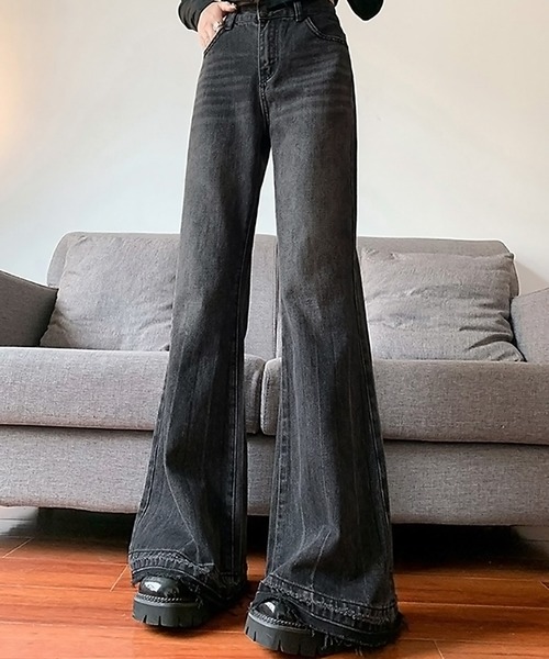 セール】【NuNuNa】ヴィンテージ加工カットオフダメージフレアデニム