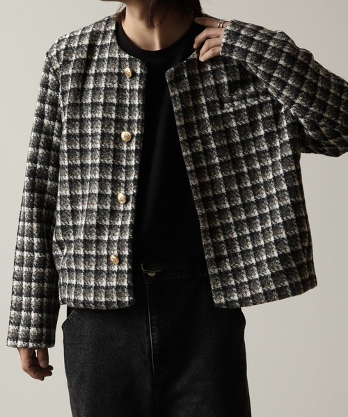 セール】ノーカラーゴールドボタンショート丈ツイードジャケット（ノー