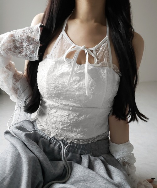 2color 】フロントリボンホルターレースキャミソール ／ front ribbon