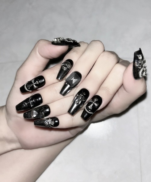 チェーンクロスブラックミラースクエアネイルチップ ／ chain cross