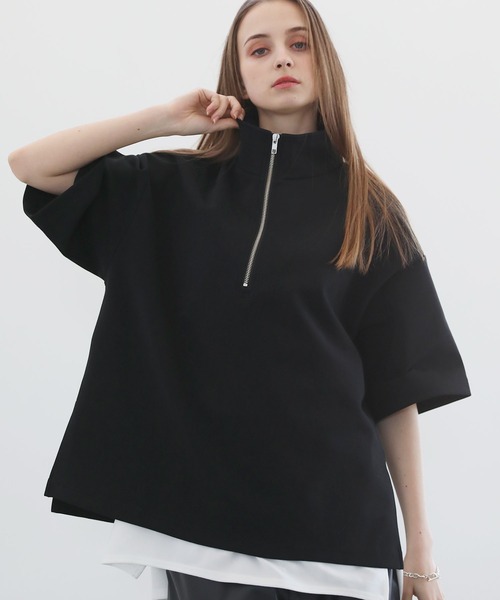 セール】サイドスリットコットンポンチビッグシルエットドレープ5分袖