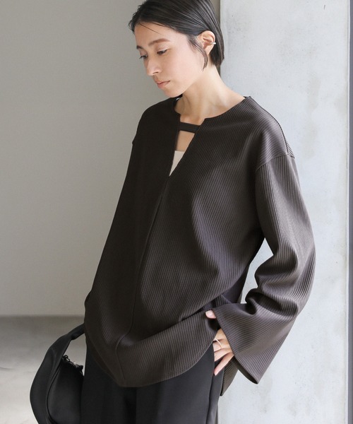 セール】キーネックリップルワイドスリーブトップス（Tシャツ
