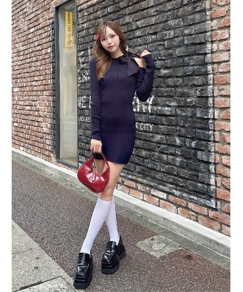 チェックリボンワンショルニットミニワンピース（ワンピース）｜Darich