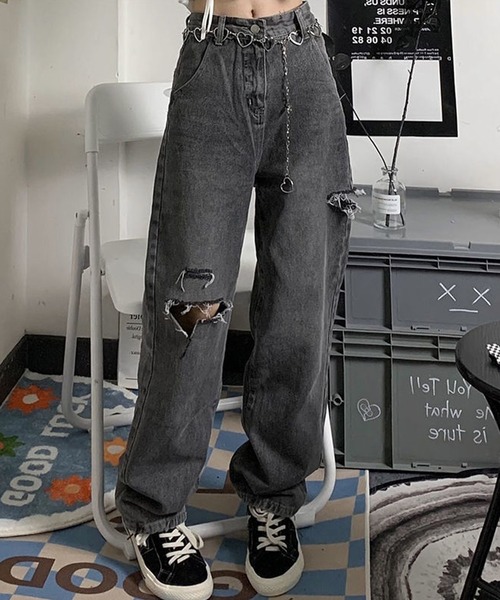 セール】クラッシュ ダメージ デニムパンツ ブラックデニム ウォッシュ