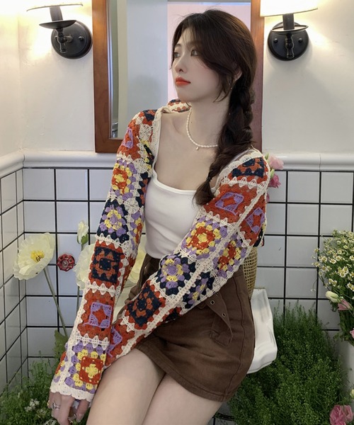 レトロ フラワー クロシェ かぎ針編みニット ボレロ（カーディガン