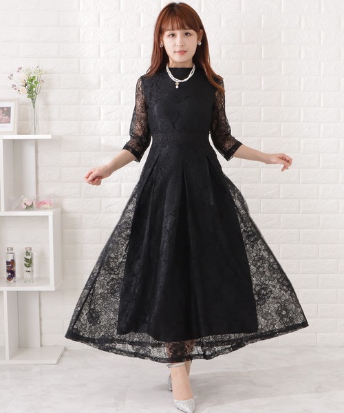 セール】大柄レース7分袖配色フレアワンピース（ドレス）｜Lace Ladies
