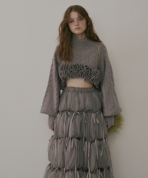 セール】ニッティングパターンボリュームフリルボレロニット（ニット