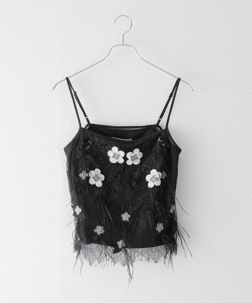 新品未使用sea ny 黒 花柄刺繍 フリンジキャミソール キャミソールの