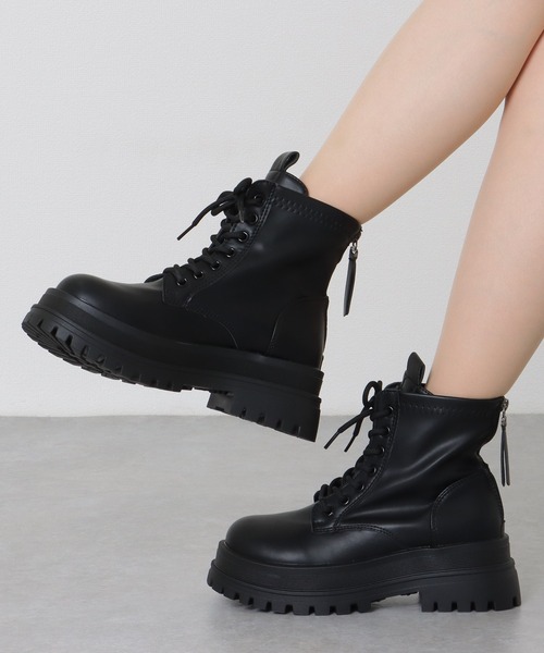 セール】レザー調 ラウンドトゥ レースアップ ショート ブーツ（ブーツ