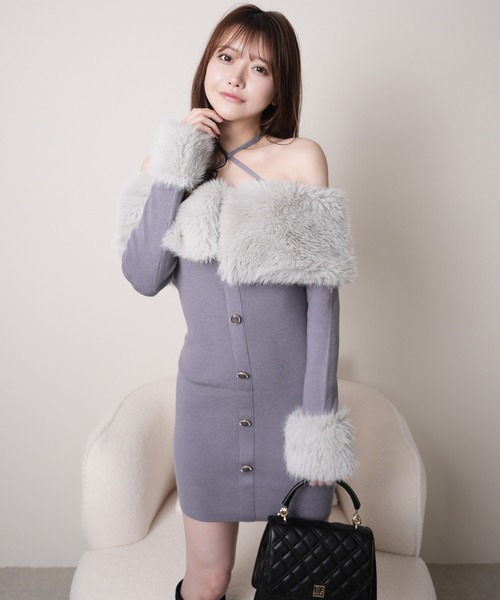 セール】ファーオフショルボタンニットワンピース（ワンピース