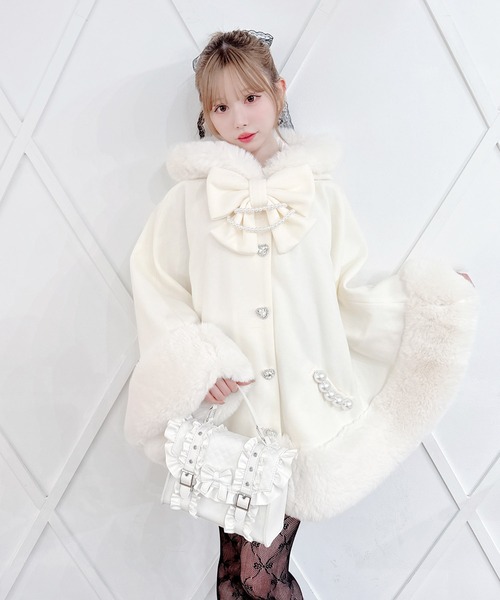 セール】リボン付きボリュームファーフードケープコート（ポンチョ