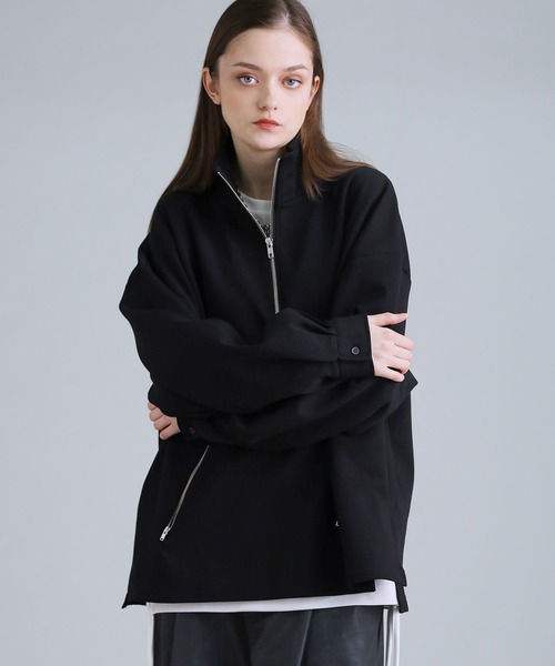 バルーンスリーブドレープコットンポンチハーフジップカットソー（T