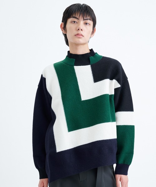 CULLNI ブロックパターン 切替リブ編みクルーネックニットセーター