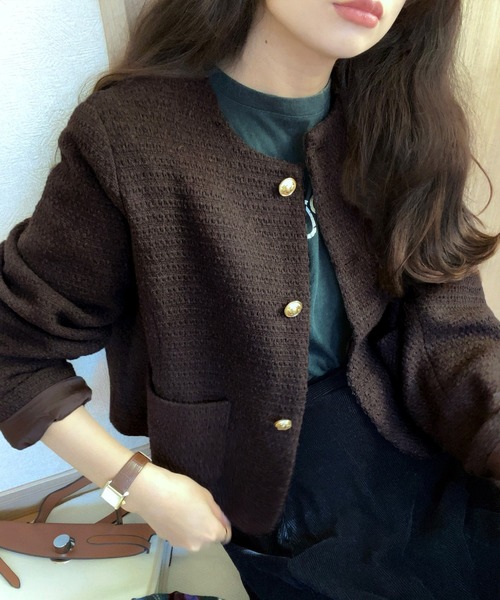 セール】金ボタンツイードジャケット（ノーカラージャケット）｜LAUIR