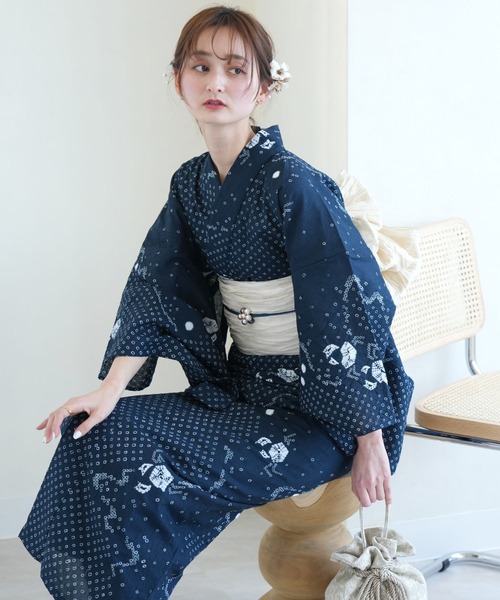 utatane（ウタタネ）の「有松絞り浴衣3点セット 鉄紺の渚に蟹（浴衣