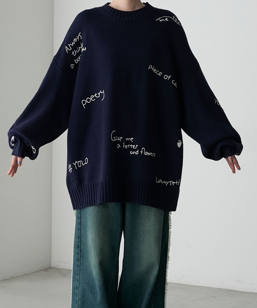 forksy.】ランダムロゴ刺繍オーバーサイズニットプルオーバー（ニット