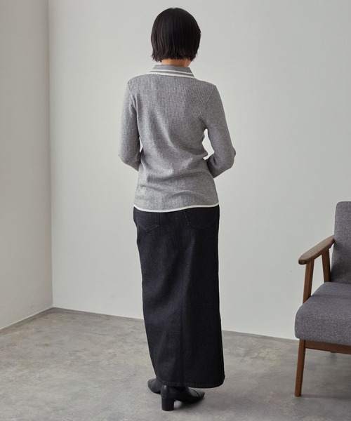 マシンウォッシャブル/アンチピリング＞配色ライン ソフトリブニット