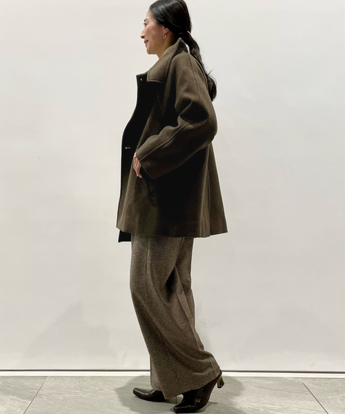 美品 L'ESSAGE MANTECOトップビーバースタンドショートコートカーキ