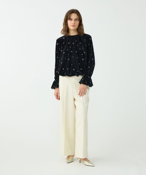 メッシュベロアエンブロイダリー ラッフルカフスブラウス（シャツ