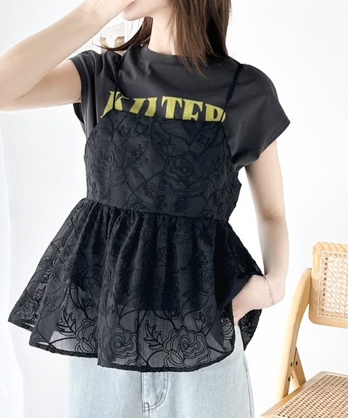 セール】大人のレイヤードスタイル。シアー花柄刺繍オーバーキャミ