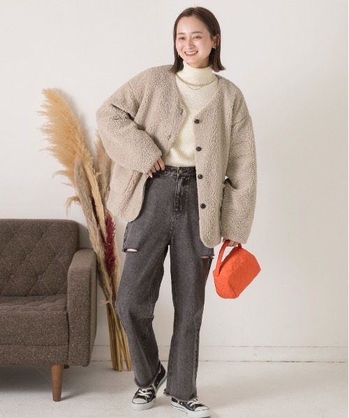 セール】ノーカラーポケ付き ボアジャケット（ノーカラージャケット