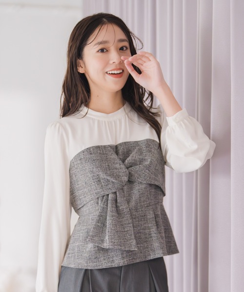 セール】2025秋冬新作 ツイードドッキングねじりペプラムブラウス