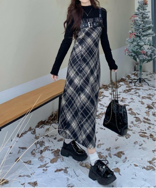 セール】Y2K チェック柄スイッチングロングキャミワンピース