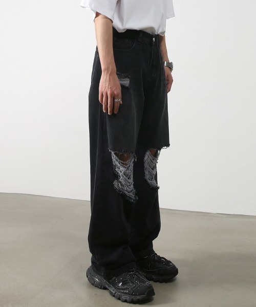 ハードクラッシュダメージ加工 ワイドストレートブラックデニムパンツ