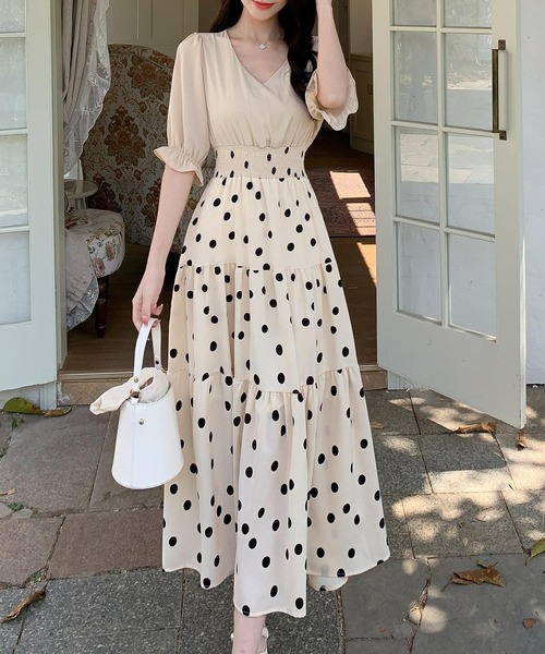 レディース 半袖フリルドット柄セットアップ風ワンピース（ワンピース