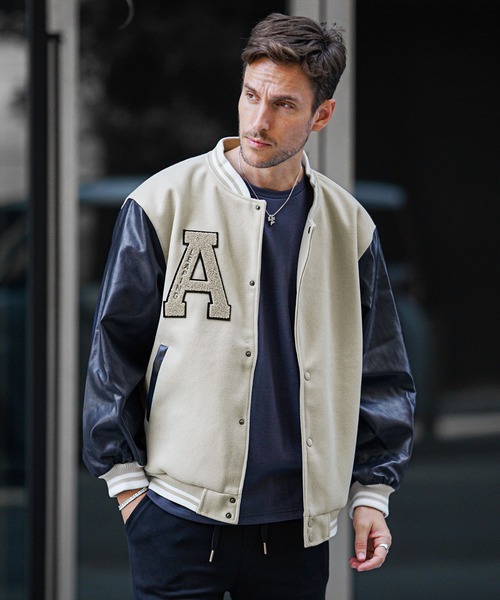 オーバーサイズカレッジロゴスタジャン メンズ PUレザー切り替え