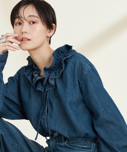 セール】【RM denim】フリルギャザーデニムブラウス（シャツ/ブラウス