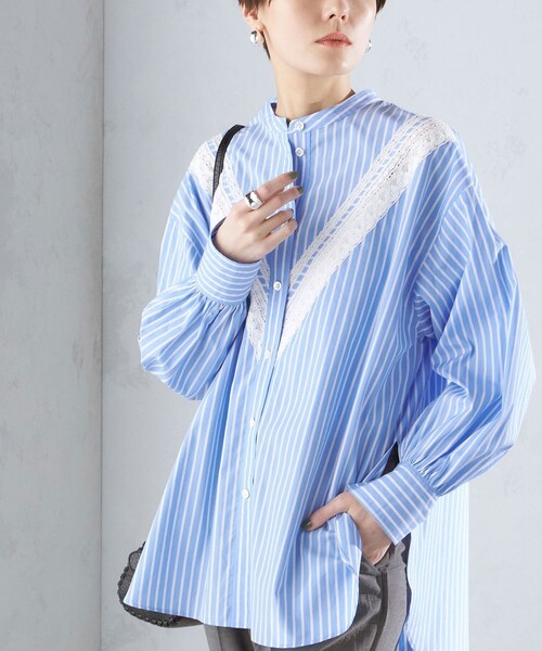 セール】〈洗濯機可能〉レース 切替 ストライプ シャツ（シャツ