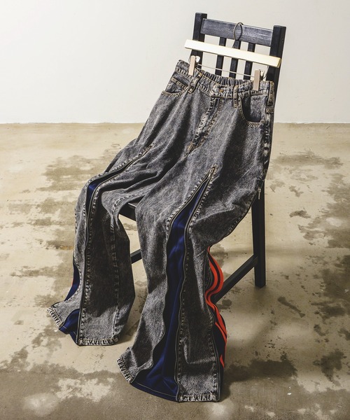 セール】デニム×ジャージ ジップデザイン リメイク風パンツ（デニム