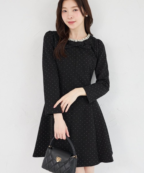 きらきらストーン×ビジュー付きリボンボンディングワンピース