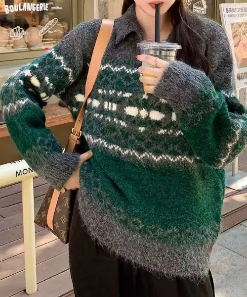 セール】ノルディック柄ハーフジップニットプルオーバー（ニット