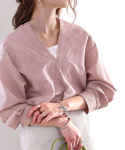 セール】レトロな刺繍が古着感をプラス。綿100%、切り替えエンブロイ