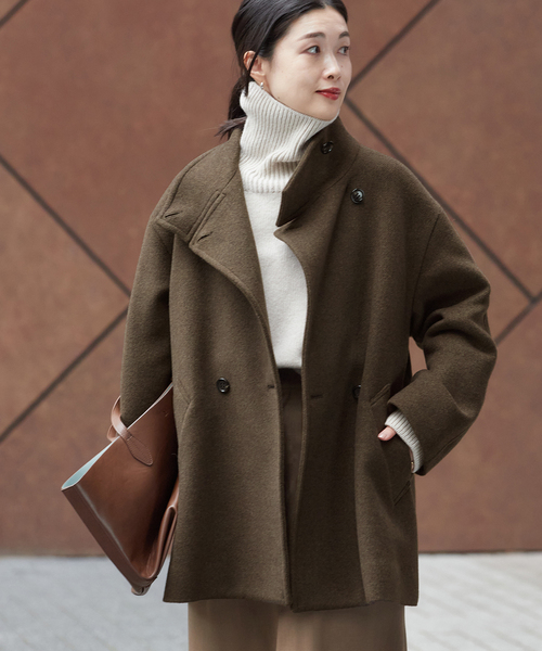 美品 L'ESSAGE MANTECOトップビーバースタンドショートコートカーキ