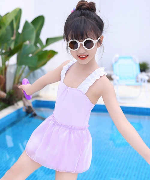 セール】キッズ水着 フリルバッククロスチュールワンピース風