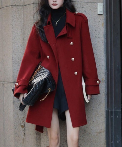 ダブルブレストベルト付きミドルレングスコート（ピーコート