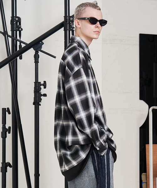 セール】【UNISEX】SOLID CHECK OVER SHIRTS/ソリッドチェックオーバー