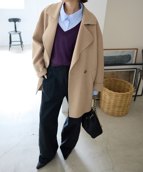 追加》souple wool ダブルフェイスミドルコート（ピーコート）｜SLOBE