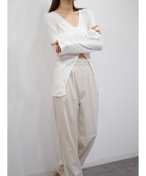 フロントスリットトップス／front slit top 長袖 クルーネック ミドル