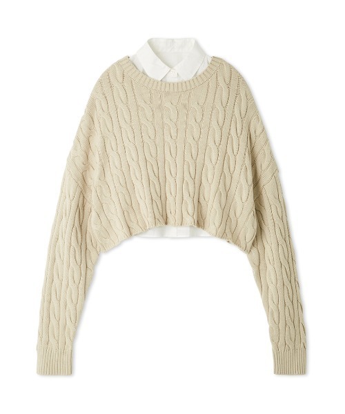 セール】【セットアイテム】シャツレイヤードケーブル短丈ニット