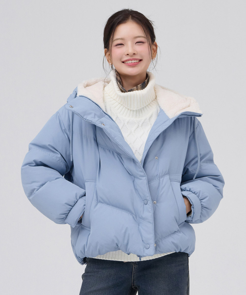 女性ボアフードプファージャケット-ブルー（ダウンジャケット/コート