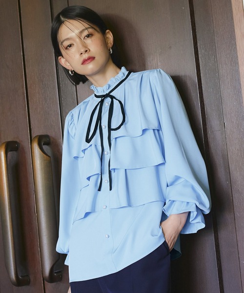 洗える ｜ バイカラーリボンティアードフリルブラウス ｜ 長袖