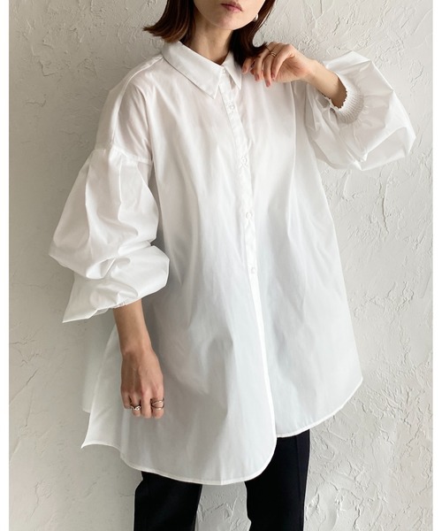 セール】襟付き長袖ボリュームスリーブ裾フレアシャツブラウス（シャツ