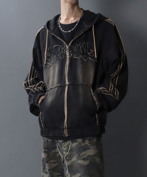 セール】Tagging Logo Fringe Denim Hoodie/タギングロゴ フリンジ