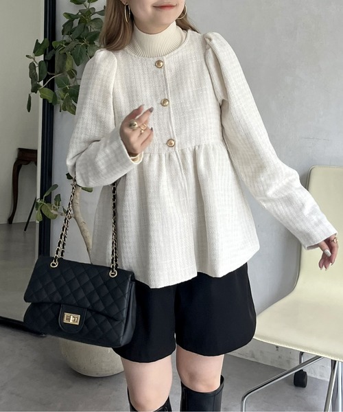 セール】パフスリーブツイードペプラムジャケット（ノーカラー